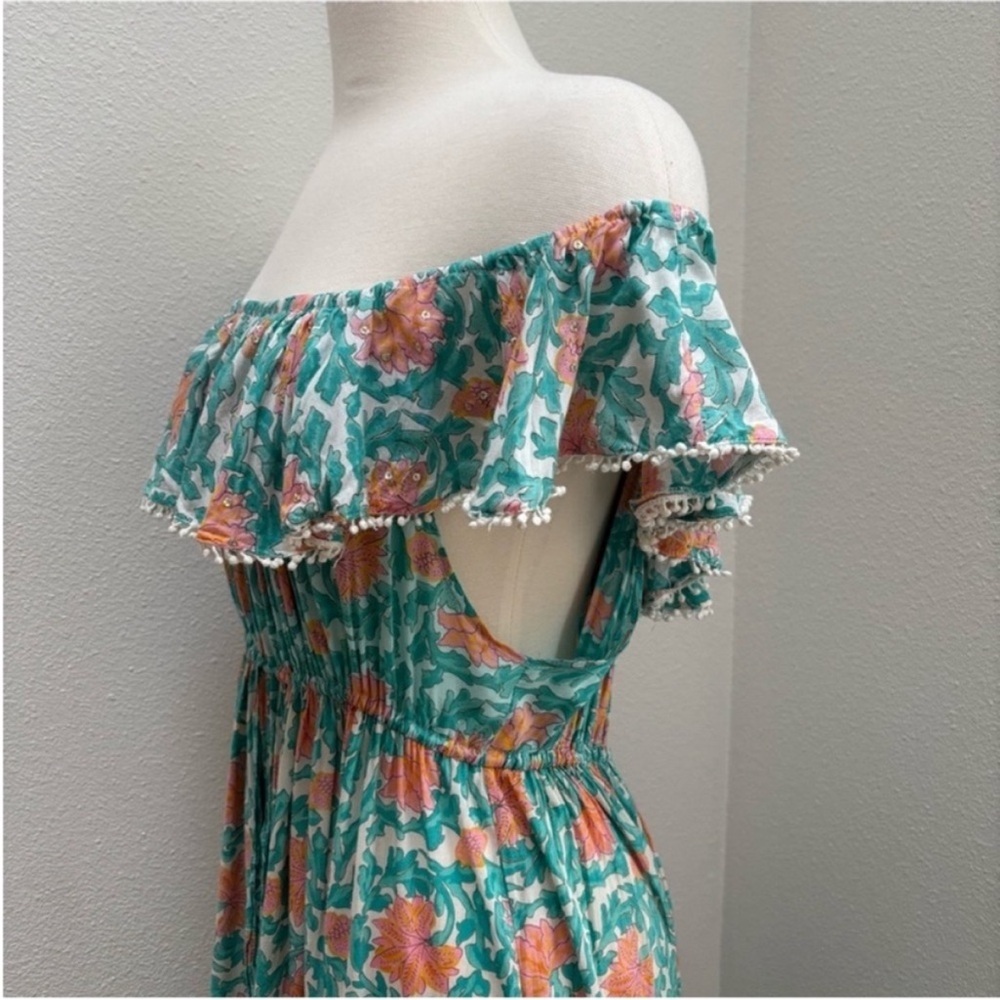 Miss June Boho Maxi Dress Floral Tiered Off Shoulder Teal Green Coral One Size - Picture 7 of 16